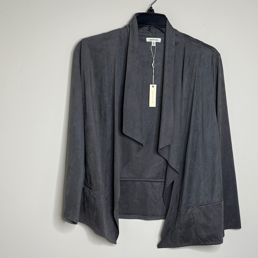Max Studio Women’s Gray Faux Suede Jacket 1X NWT Open Front Draped Cardigan
